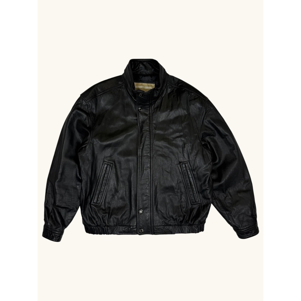 Perry Ellis Portfolio XL Black Leather Bomber Jacket Quilted Lining Full Zip